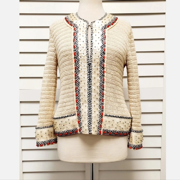 TORY BURCH Donovan Embellish Crochet Linen Jacket Sweater Cardigan. Medium. EUC - Picture 8 of 13